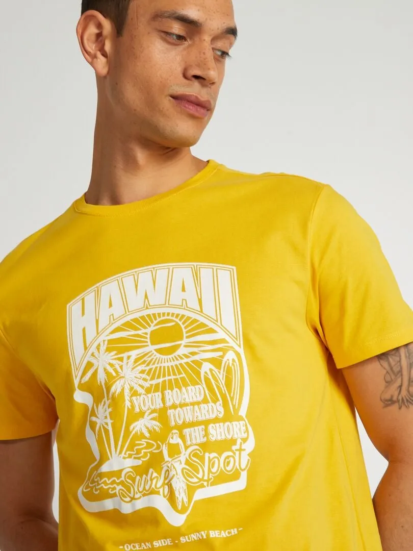 Camiseta de algodón estampada con cuello redondo - AMARILLO