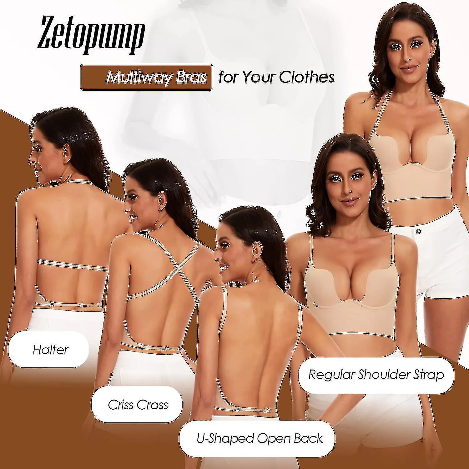 Low Back Bra Compatible Mujer Seamless Deep U Low Cut Backless Bra Convertible Multi-way Low Cut Backless Bra Halter Neck Bra