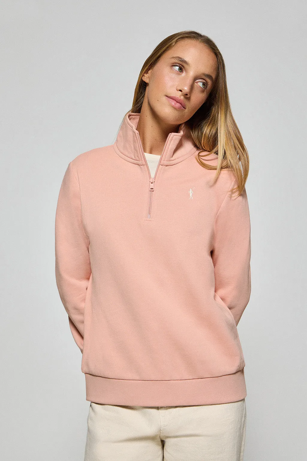 Sudadera de media cremallera rosa palo con logo Rigby Go