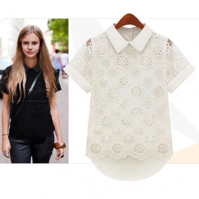 Sweet Doll Collar Lace Irregular Hollow Out Chiffon Shirt
