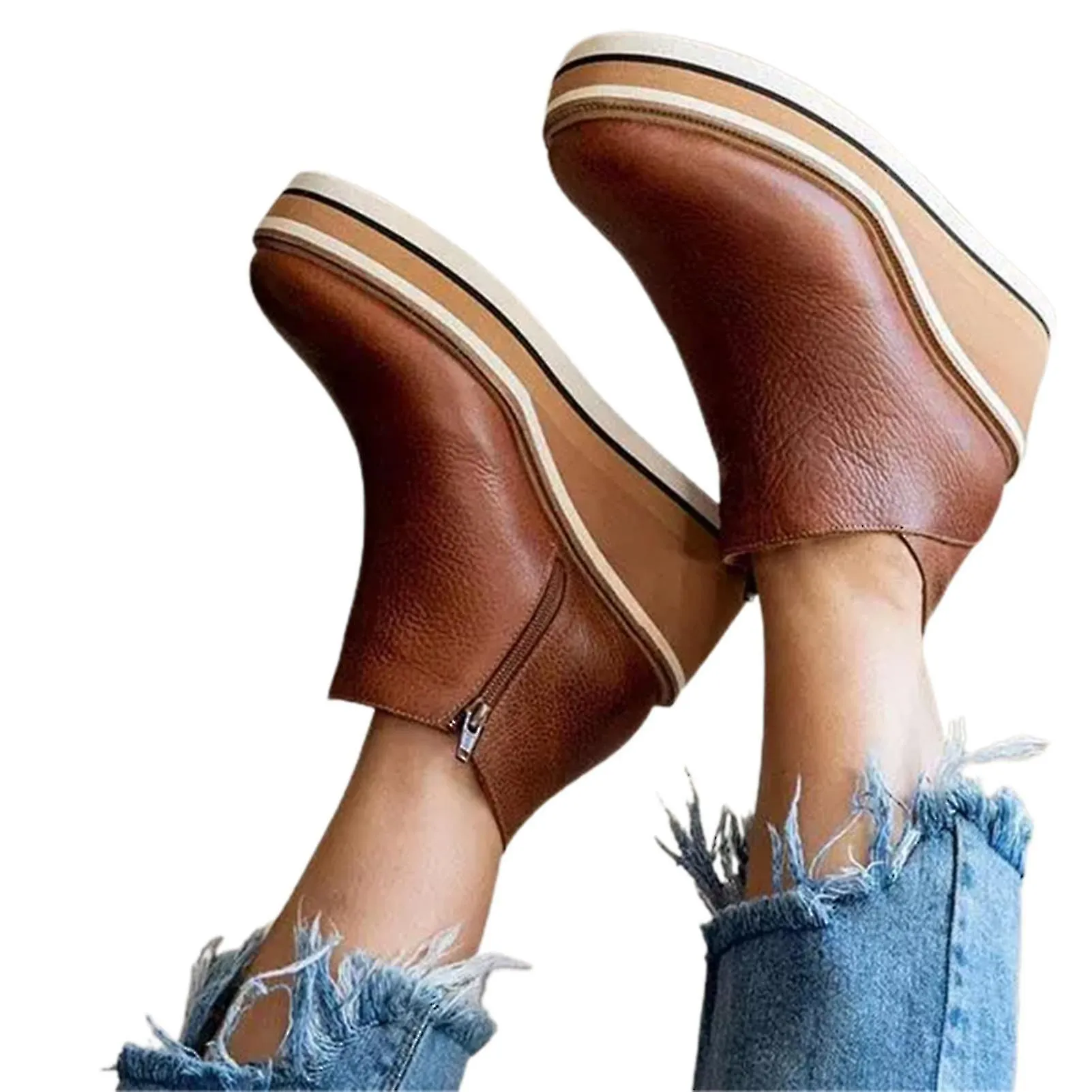 Women's Premium Solid Colors Wedge Ankle Boots Round Toe Footwear Wedges Casual Shoes-41-Brown